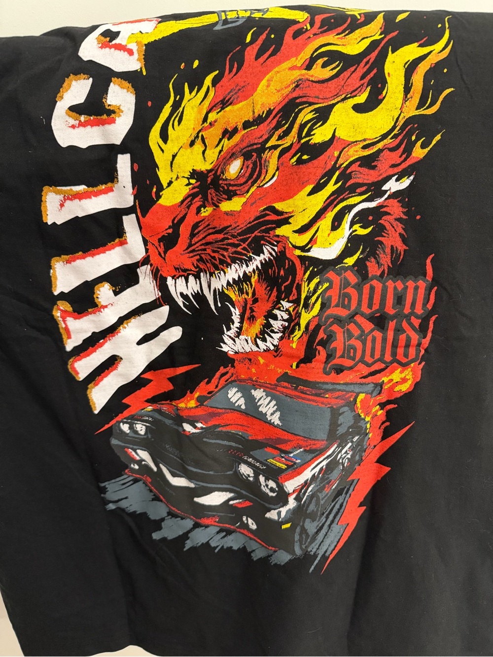 Reason Black Tee with Flaming Red and Yellow Lion Graphic